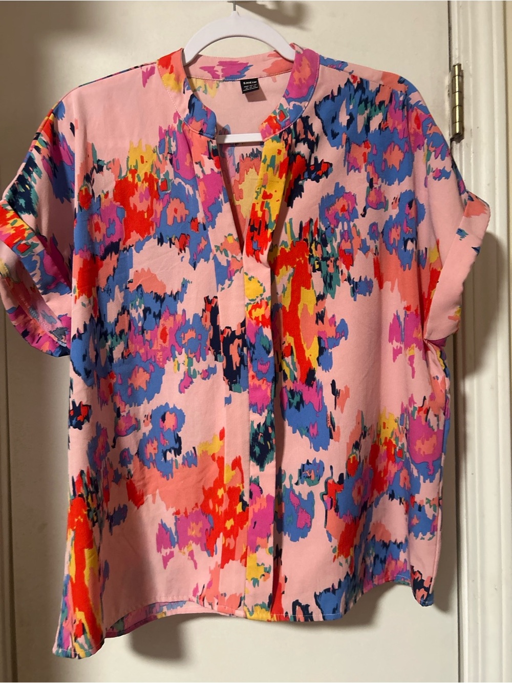 SHEIN Pink Multicolor Abstract Print Short Sleeve Blouse